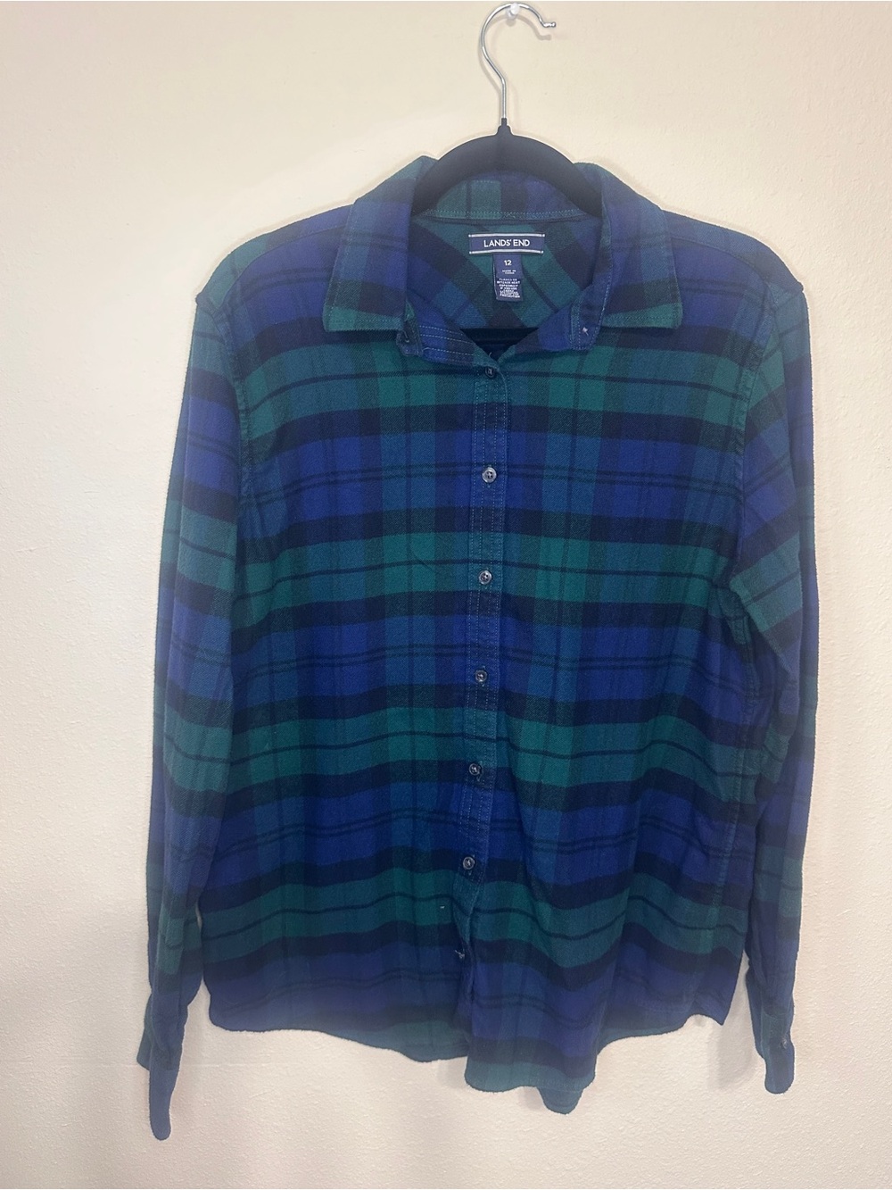 Lands’ End Women’s Plaid Flannel Shirt Blue Green Size 12